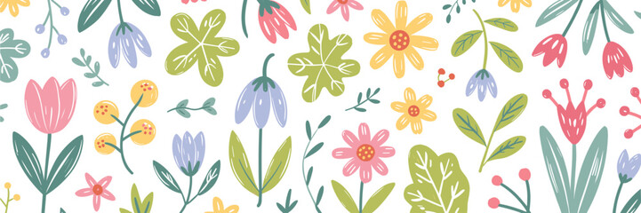 Flower crayon watercolor spring floral set. Hand drawn pastel crayon flower, leaf, plant with chalk texture. Cute nature background for kid, child, garden doodle element design. Vector illustration