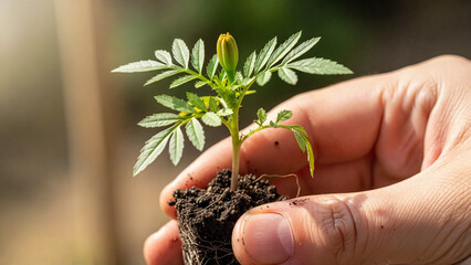 Close-up of a marigold seedling held in hand with soil in a bright garden setting