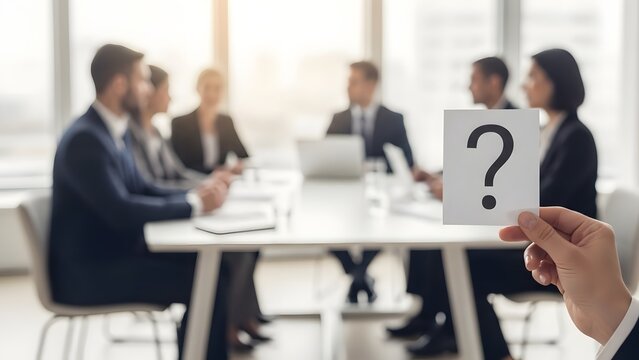 Business meeting with question mark sign for uncertainty. Corporate problem solving and strategy. Hand holding paper with question mark in front of blurred team in office boardroom