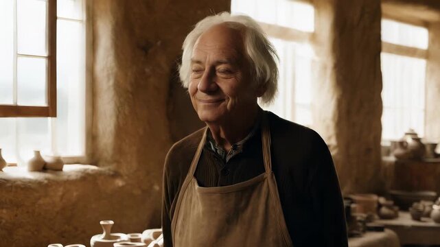 Elderly Man in Apron Smiling in Rustic Kitchen