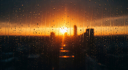 A cityscape seen through a rain-streaked window at sunset