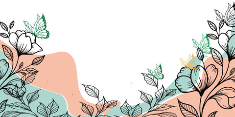 Autumn background in linear style with a pumpkin, an acorn and some leaves. On a pink background