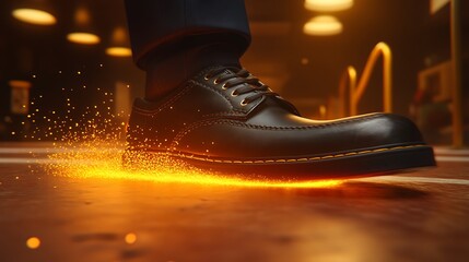 Shoe sparks with motion, and dark background.