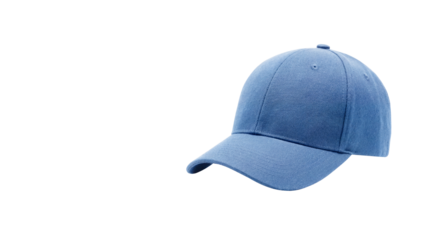 Blank blue cotton baseball cap mockup side view isolated on transparent background