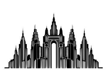 Obraz premium Neo Deco modern city skyline silhouette with geometric architecture. Art Deco style urban landscape vector for real estate and luxury branding.