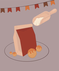 Illustration with a Bag of Flour and Caramel Cookies Taste and Pattern