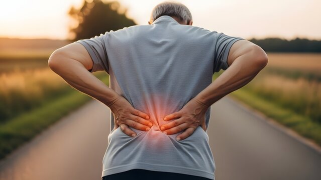 Senior man suffering from lower back pain outdoors. Healthcare and aging issues. Man holding his waist with glowing red pain point while standing on a rural road at sunset