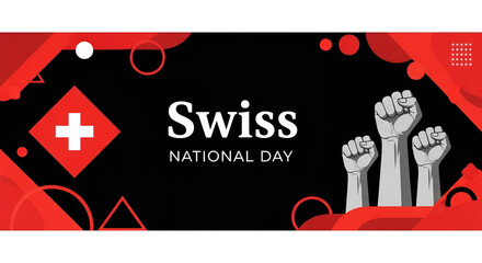 Swiss National Day banner in colorful modern geometric style. National Independence Day greeting card cover with typography. Illustration banner for Switzerland national holiday celebration