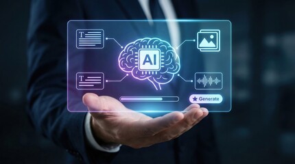 Fototapeta premium Artificial intelligence innovation in business,neural networks generate text,images,voice,advanced AI technology solutions for creative automation