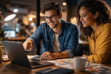 Young professionals collaborating on project at modern office desk with laptop