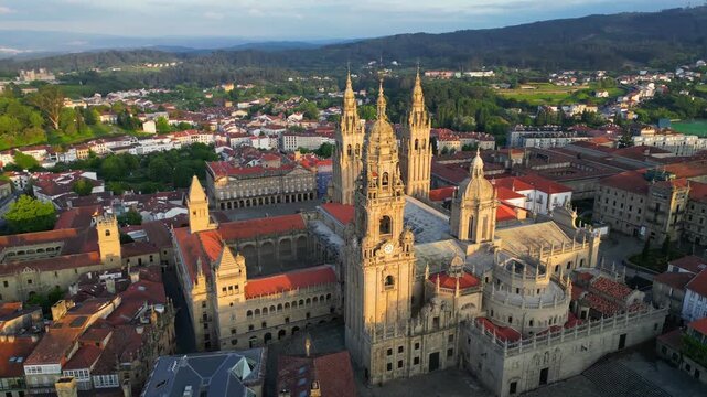 Historic center of Santiago de Compostela in Galicia, Spain, aerial view of old town architecture during daytime. Old town of Santiago de Compostela at sunrise