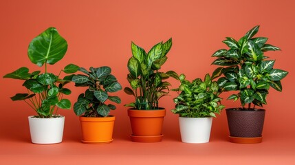 Obraz premium Assortment of Indoor Plants in Pots Against an Orange Background