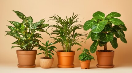 Fototapeta premium Assorted Indoor Plants in Terracotta Pots against Soft Background