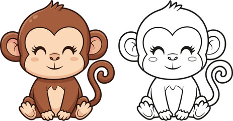 Cute cartoon monkey illustration with colored and black outline versions, kawaii jungle animal character, kids coloring page design, playful wildlife vector art © MdMonirujjaman