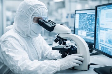 Scientist in lab coat examining samples with microscope