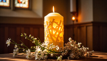 Lit candle surrounded by flowers on a table in a serene indoor setting for Easter