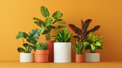 Obraz premium Vibrant Indoor Plants Displayed Against Bright Orange Background