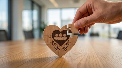 Hand placing final puzzle piece into wooden heart,teamwork and care symbol for social support,community building,empathy and collaboration in corporate culture