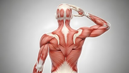 Human back muscle anatomy with detailed medical illustration. Fitness health and physical therapy. Male body showing upper back and shoulder muscular structure and neck