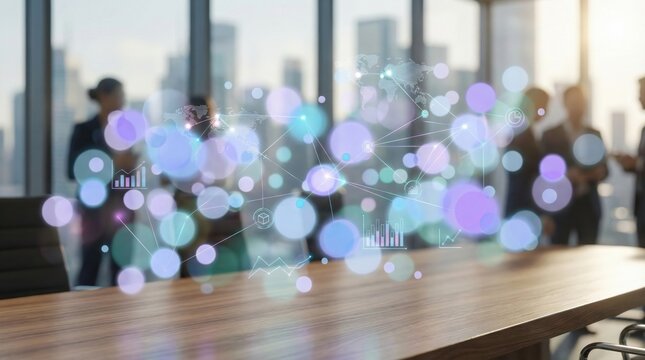 Digital transformation in corporate networking,abstract technology interface with data graphs,world map and business silhouettes in conference room - Powered by Adobe