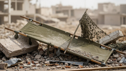 Empty stretcher lying among debris in a war-torn environment