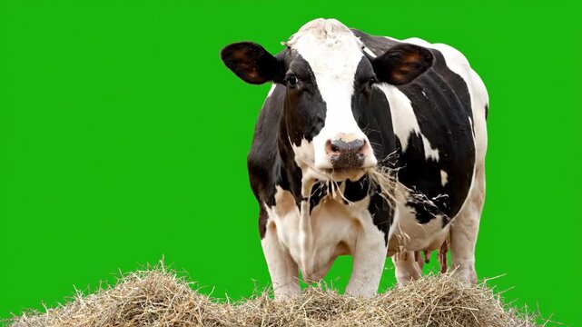 Black and white cow standing on hay against green background.
