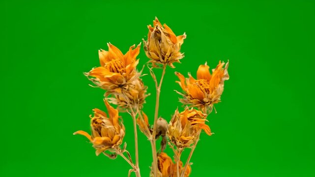 Dried orange flowers on green background.