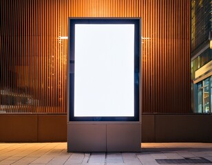 vertical led billboard with blank screen on commercial building illuminated by warm light