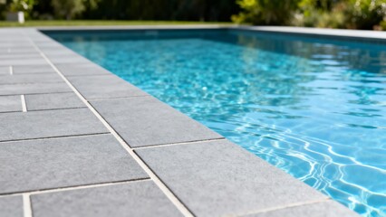 Sleek Poolside Tile Edging By Water, Light Gray Paving With Crisp Grout Joints, Sunlight Reflecting On Calm Blue Surface, Resort Style Backyard Amenity, Safe Slip Resistant Finish