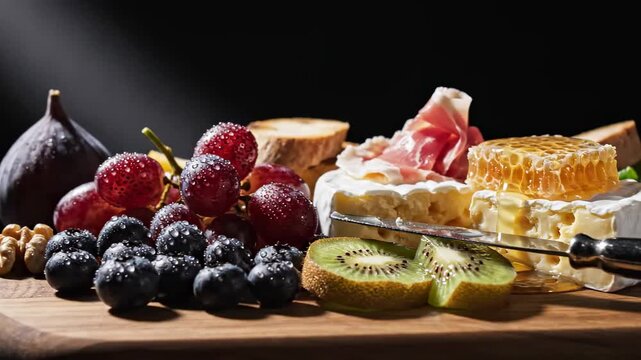 Elegant Charcuterie Board Displaying Gourmet Cheese, Fresh Fruits and Cured Meat on Wooden Platter