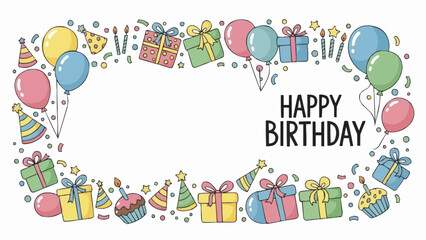 Fototapeta premium Happy Birthday Celebration Border with Gifts Balloons and Party Elements.