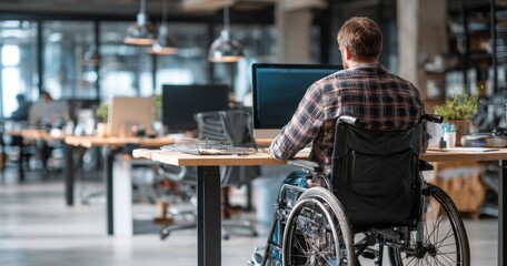 Obraz premium Bright Workplace Setting with Wheelchair Accessibility Features for Inclusion and Comfort