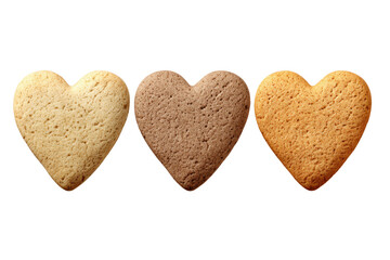 Three heart shaped cookies in different shades of brown and beige on black background baking food