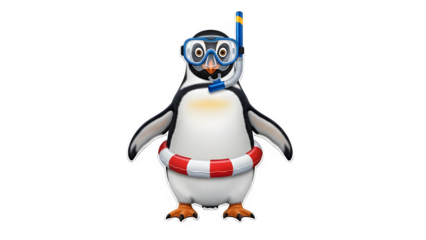 Cute 3D Cartoon Penguin Character with Snorkel Mask and Lifebuoy