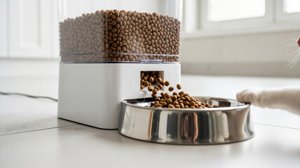 Pet feeder dispensing kibble into bowl on a clean floor in a modern kitchen