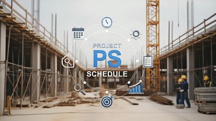 Construction site with scheduling icons, for the concept of project planning and construction.
