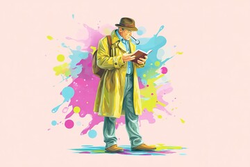 Fototapeta premium Man in yellow coat reading a book with colorful background at an unknown location