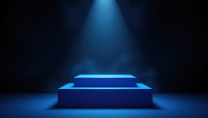 Obraz premium Minimalist 3D podium illustration in dark blue and cyan colors representing product display, stage background and luxury branding scene with dramatic spotlight and generous copy space for marketing