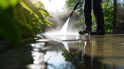 Pressure Washing Stone Patio Outdoors, Cleaning Garden Path with High Pressure Water