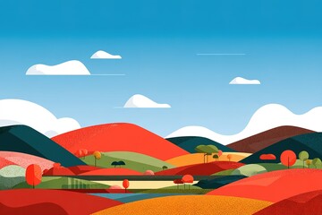 Fototapeta premium Colorful landscape with rolling hills, trees, and a clear sky in a bright setting near a calm waterbody during the daytime