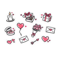 Valentine Love Doodle Icon Set &mdash; hand drawn romantic gifts and affection symbols in cute sketch style, transparent background
