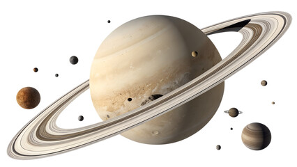 Ringed Planets and Surrounding Moons isolated on transparent background