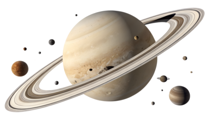 Ringed Planets and Surrounding Moons isolated on transparent background