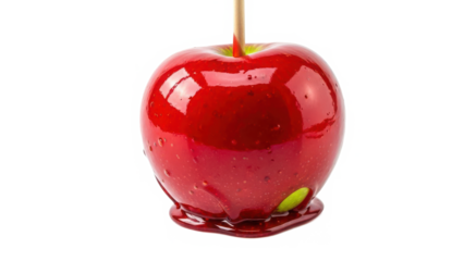 Sweet and glossy red candy apple on a stick, a classic autumnal treat isolated on transparent background