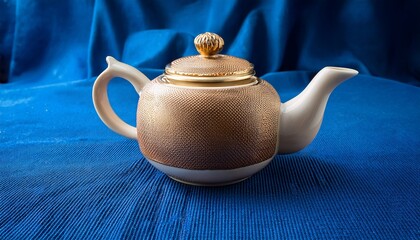 an exquisitely made ceramic teapot showcased on a richly textured blue fabric surface