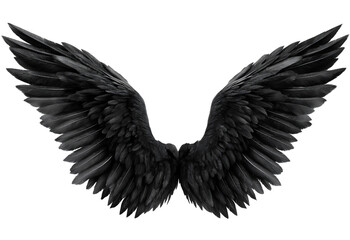Detailed black angel wings with soft feather textures spread symmetrically isolated on a transparent background