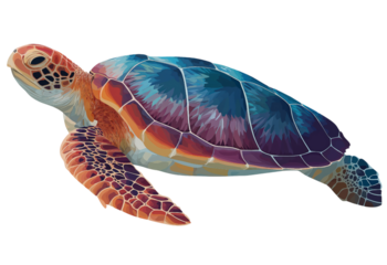 Colorful sea turtle illustration with detailed shell and flippers isolated on a transparent background