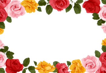 Oval frame of red pink and yellow roses with green leaves isolated on a transparent background flowers