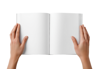Two hands holding an open book with blank white pages isolated on a transparent background blank pages