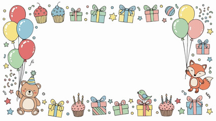 Cute Birthday Party Frame with Animals and Gifts.